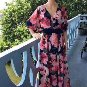 NWT Carmen Marc Valvo Infusion Floral V-Neck Maxi Dress in Pink, Green and Navy